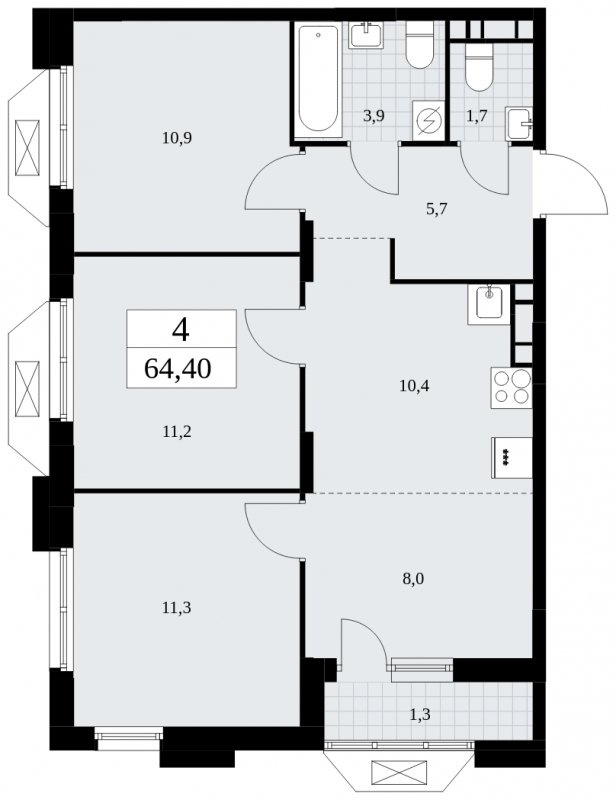4-комнатная квартира (евро) без отделки, 64.4 м2, 9 этаж, сдача 4 квартал 2024 г., ЖК Бунинские кварталы, корпус 1.3 - объявление 1834701 - фото №1