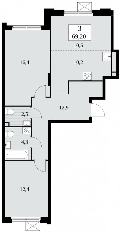 3-комнатная квартира (евро) с частичной отделкой, 69.2 м2, 2 этаж, сдача 4 квартал 2024 г., ЖК Скандинавия, корпус 2.27.4 - объявление 1840665 - фото №1
