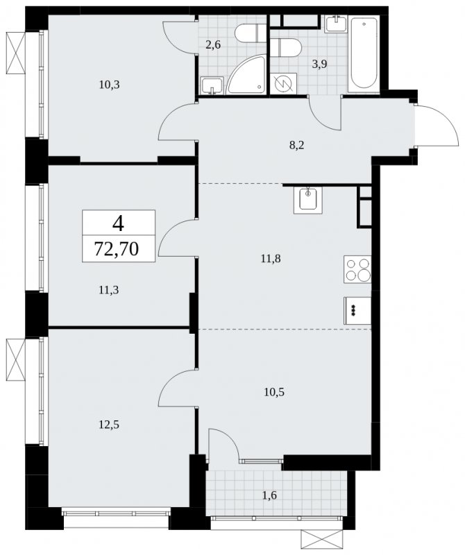 4-комнатная квартира (евро) с частичной отделкой, 72.7 м2, 12 этаж, сдача 4 квартал 2024 г., ЖК Бунинские кварталы, корпус 1.1 - объявление 1834252 - фото №1