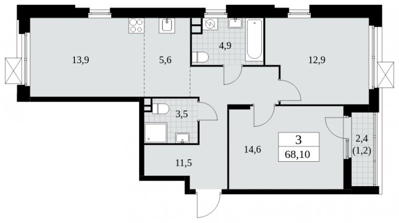 3-комнатная квартира (евро) без отделки, 68.1 м2, 3 этаж, сдача 4 квартал 2024 г., ЖК Скандинавия, корпус 2.27.3 - объявление 1840629 - фото №1