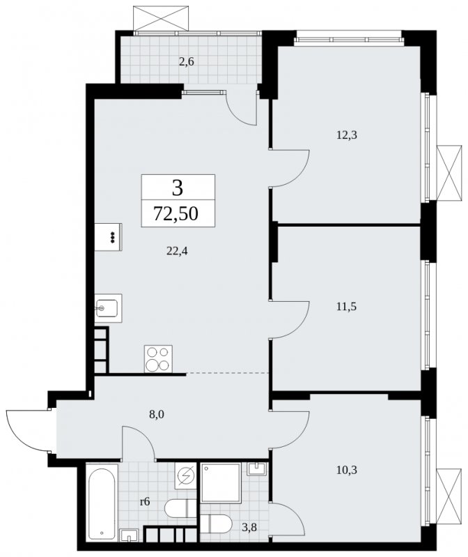 3-комнатная квартира с частичной отделкой, 72.5 м2, 17 этаж, сдача 4 квартал 2024 г., ЖК Бунинские кварталы, корпус 2.2 - объявление 1882472 - фото №1