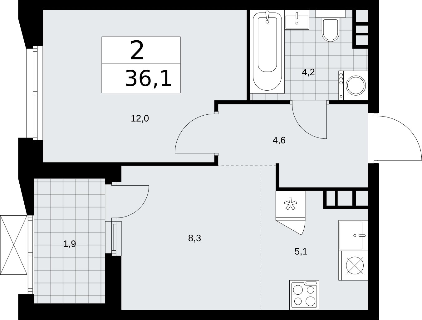 2-комнатная квартира (евро) без отделки, 36.1 м2, 13 этаж, сдача 2 квартал 2026 г., ЖК Бунинские кварталы, корпус 5.2 - объявление 2297411 - фото №1