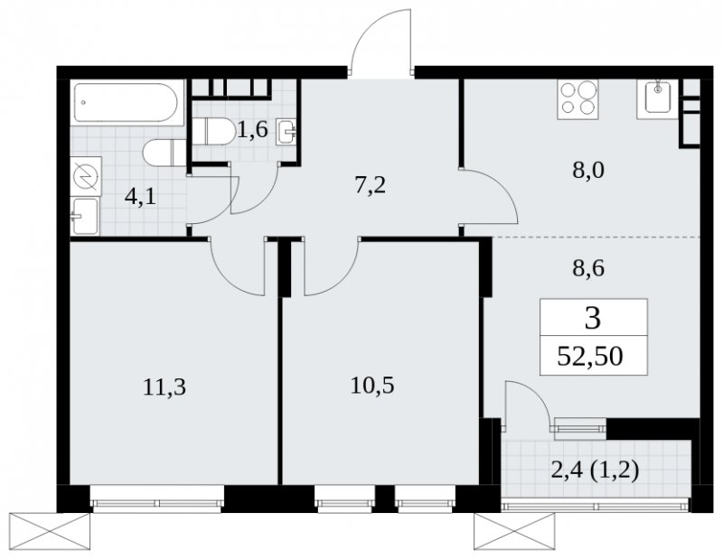 3-комнатная квартира (евро) без отделки, 52.4 м2, 18 этаж, сдача 1 квартал 2025 г., ЖК Прокшино, корпус 5.2.5 - объявление 1900983 - фото №1