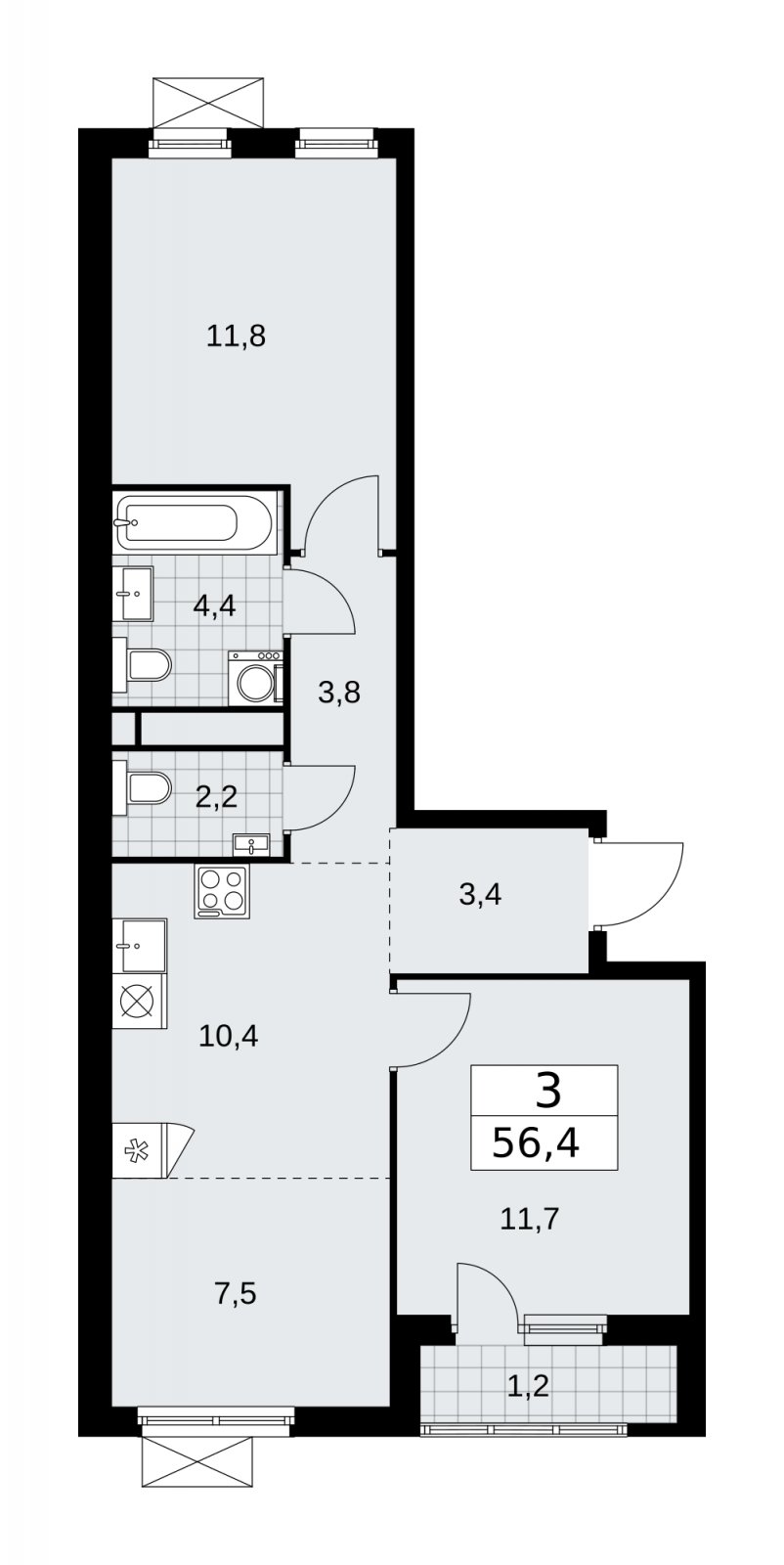 3-комнатная квартира (евро) без отделки, 56.4 м2, 13 этаж, сдача 4 квартал 2025 г., ЖК Прокшино, корпус 11.1.4 - объявление 2257688 - фото №1