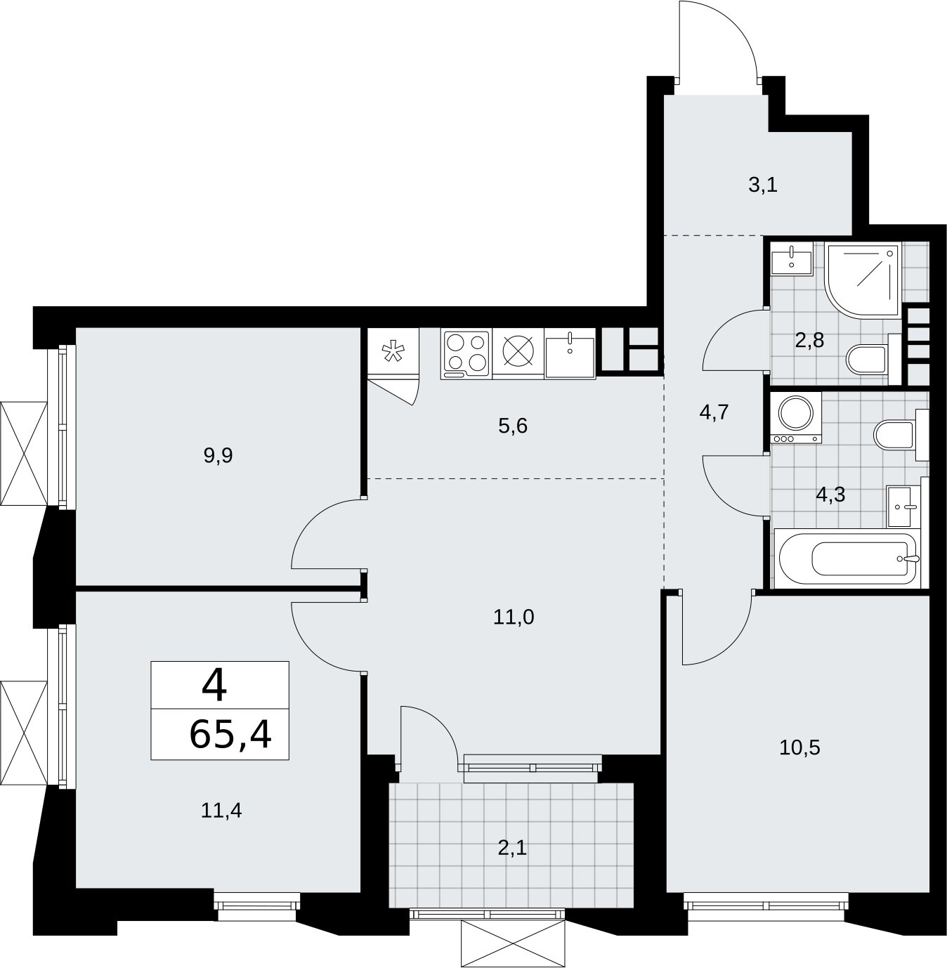 4-комнатная квартира (евро) без отделки, 65.4 м2, 4 этаж, сдача 2 квартал 2026 г., ЖК Бунинские кварталы, корпус 5.2 - объявление 2297331 - фото №1