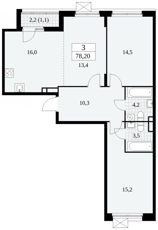3-комнатная квартира (евро) без отделки, 78.2 м2, 4 этаж, сдача 4 квартал 2024 г., ЖК Скандинавия, корпус 2.27.3 - объявление 1840630 - фото №1
