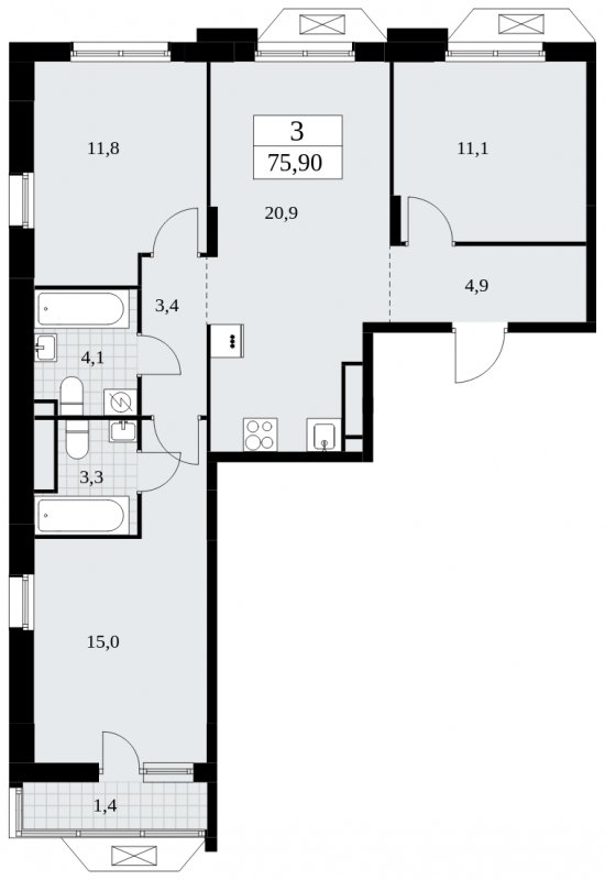 3-комнатная квартира с частичной отделкой, 75.9 м2, 16 этаж, сдача 4 квартал 2024 г., ЖК Бунинские кварталы, корпус 1.2 - объявление 1834397 - фото №1