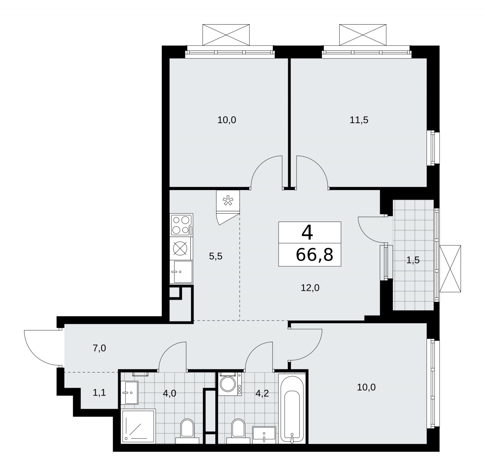 4-комнатная квартира (евро) без отделки, 66.8 м2, 11 этаж, сдача 1 квартал 2026 г., ЖК Прокшино, корпус 11.2.2 - объявление 2270124 - фото №1
