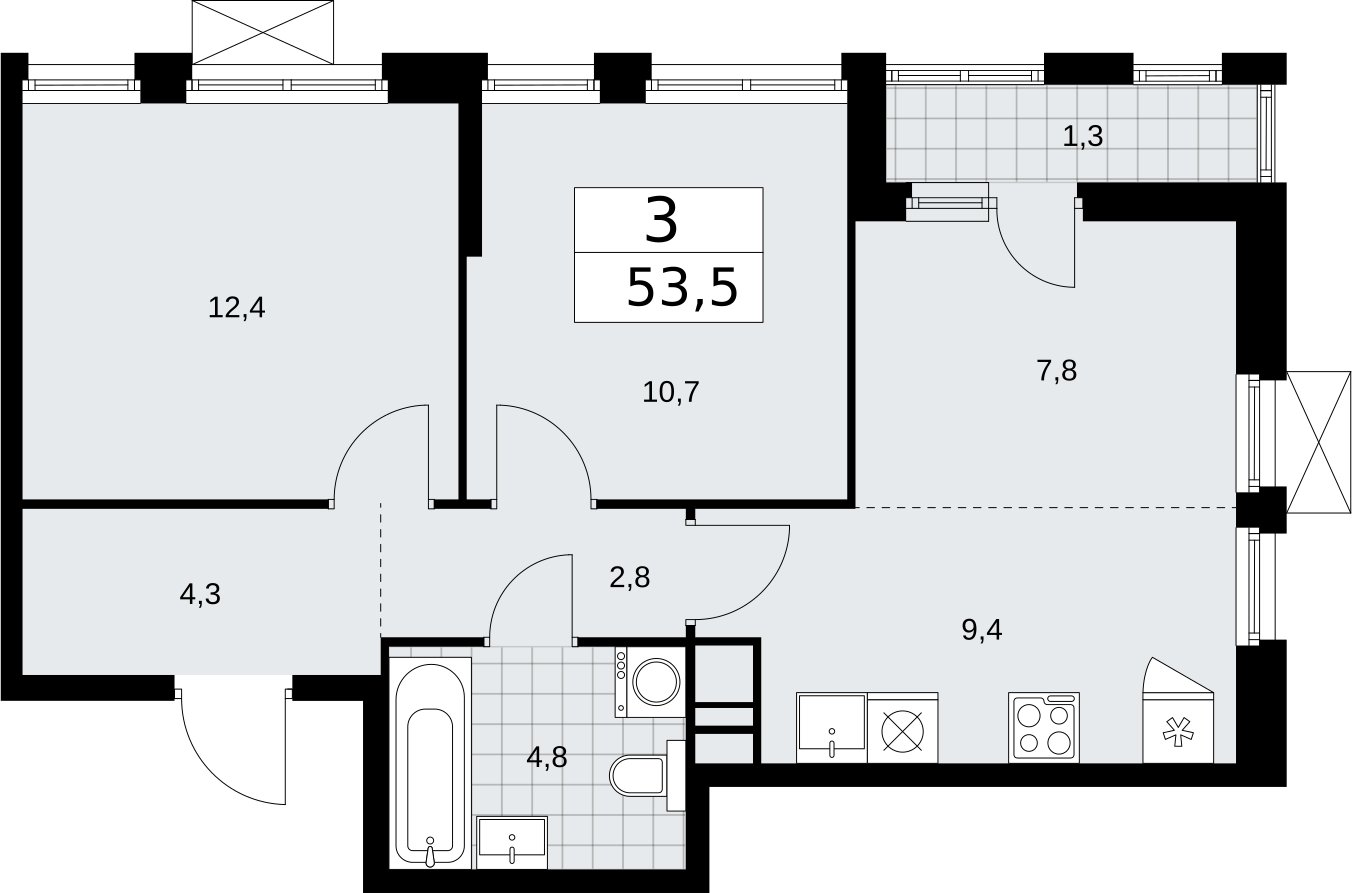 3-комнатная квартира (евро) без отделки, 53.5 м2, 7 этаж, сдача 2 квартал 2026 г., ЖК Бунинские кварталы, корпус 5.4 - объявление 2297883 - фото №1