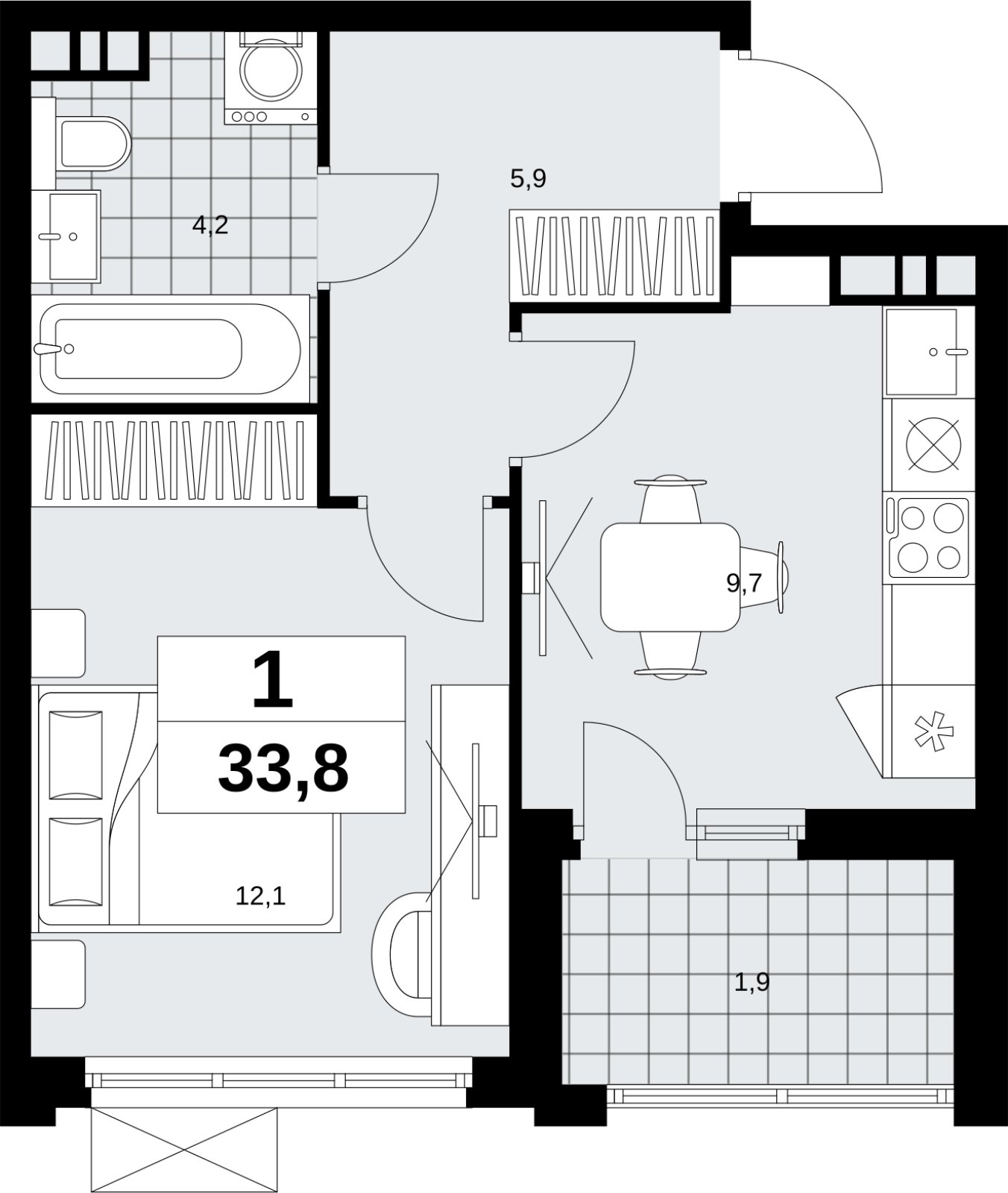 1-комнатная квартира без отделки, 33.8 м2, 11 этаж, сдача 4 квартал 2026 г., ЖК Скандинавия, корпус 2.18.2.6 - объявление 2351796 - фото №1