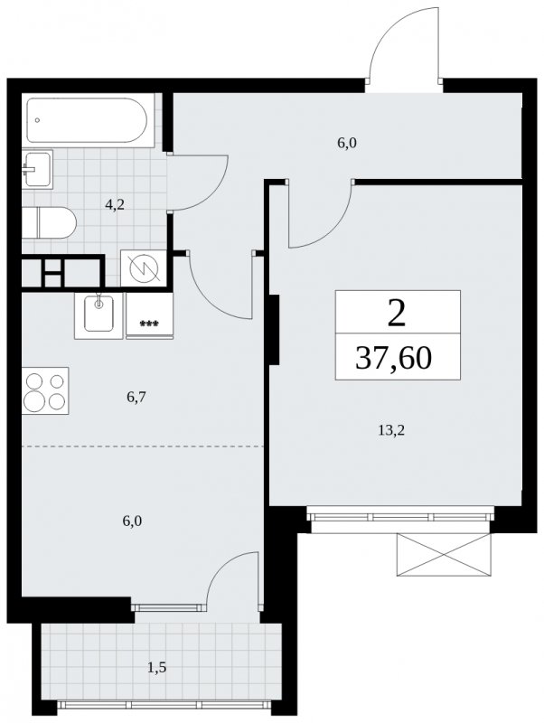 2-комнатная квартира (евро) без отделки, 37.6 м2, 11 этаж, сдача 4 квартал 2024 г., ЖК Бунинские кварталы, корпус 2.5 - объявление 1882744 - фото №1