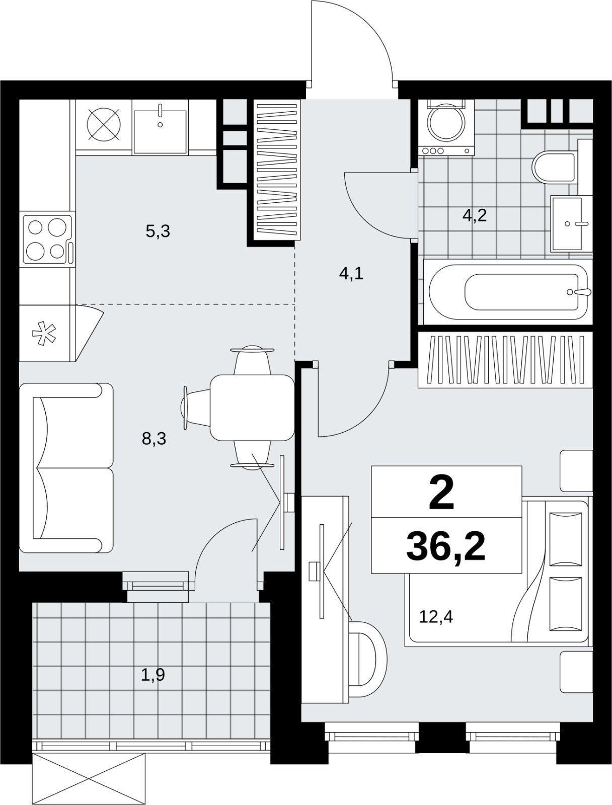 2-комнатная квартира (евро) без отделки, 36.2 м2, 9 этаж, сдача 4 квартал 2026 г., ЖК Скандинавия, корпус 2.18.2.6 - объявление 2351777 - фото №1