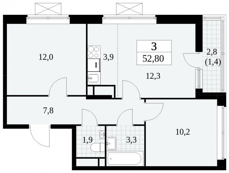 3-комнатная квартира (евро) без отделки, 52.8 м2, 13 этаж, дом сдан, ЖК Прокшино, корпус 6.1 - объявление 1662742 - фото №1
