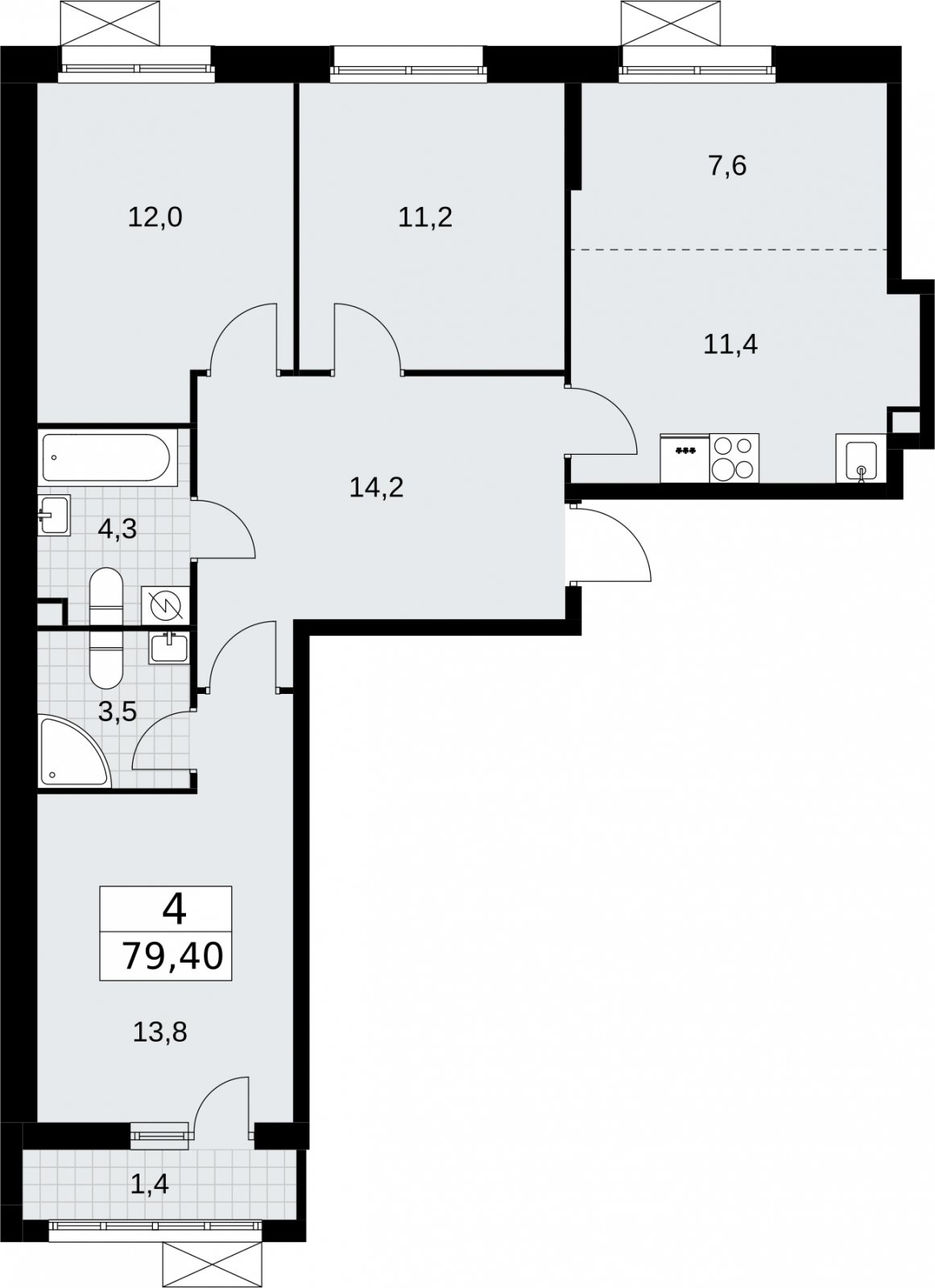 4-комнатная квартира (евро) без отделки, 79.4 м2, 2 этаж, сдача 3 квартал 2026 г., ЖК Родные кварталы, корпус 2 - объявление 2295523 - фото №1