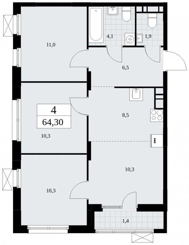 4-комнатная квартира (евро) без отделки, 64.3 м2, 8 этаж, сдача 2 квартал 2025 г., ЖК Дзен-кварталы, корпус 2.4 - объявление 1932773 - фото №1