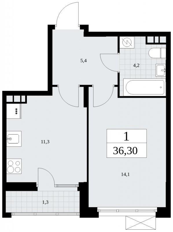 1-комнатная квартира без отделки, 36.3 м2, 5 этаж, сдача 4 квартал 2024 г., ЖК Бунинские кварталы, корпус 2.4 - объявление 1882601 - фото №1