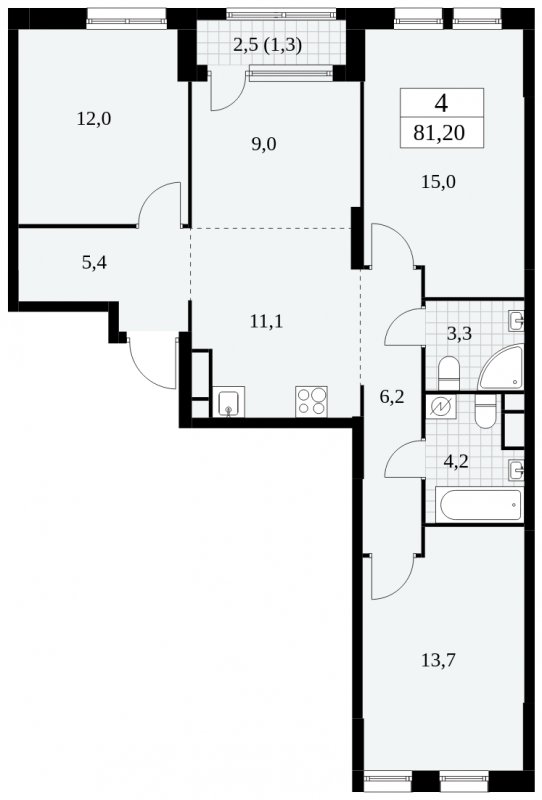 4-комнатная квартира (евро) с частичной отделкой, 81.2 м2, 10 этаж, сдача 2 квартал 2025 г., ЖК Южные сады, корпус 2.1 - объявление 1759975 - фото №1