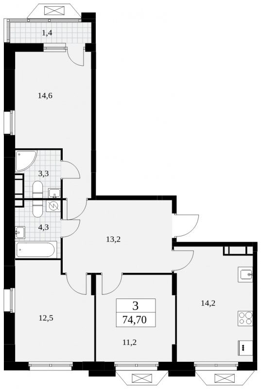 3-комнатная квартира без отделки, 74.7 м2, 11 этаж, сдача 4 квартал 2024 г., ЖК Бунинские кварталы, корпус 1.3 - объявление 1834806 - фото №1
