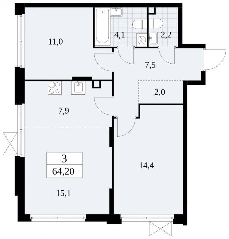 3-комнатная квартира (евро) с частичной отделкой, 64.2 м2, 2 этаж, сдача 4 квартал 2024 г., ЖК Скандинавия, корпус 2.27.1 - объявление 1840179 - фото №1