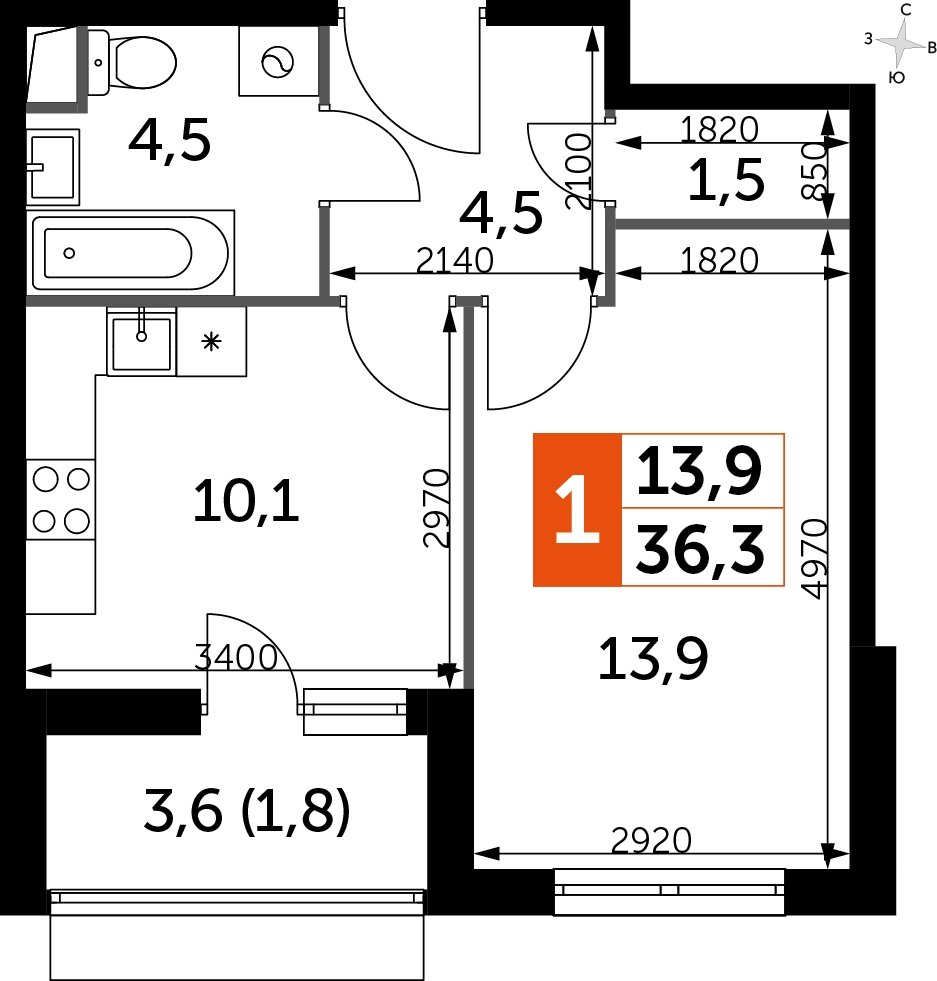 1-комнатная квартира с частичной отделкой, 36.3 м2, 2 этаж, дом сдан, ЖК UP-квартал Римский, корпус 7 - объявление 2208392 - фото №1