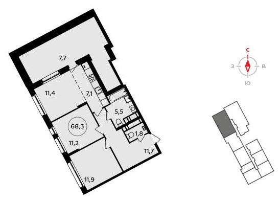 3-комнатная квартира без отделки, 68.3 м2, 17 этаж, дом сдан, ЖК Прокшино, корпус 4.3 - объявление 1650438 - фото №1