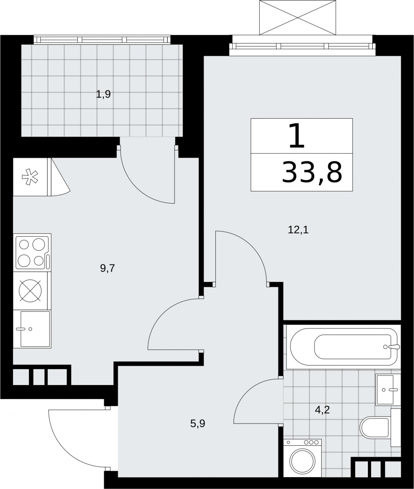 1-комнатная квартира без отделки, 33.8 м2, 12 этаж, сдача 2 квартал 2026 г., ЖК Бунинские кварталы, корпус 5.3 - объявление 2297601 - фото №1
