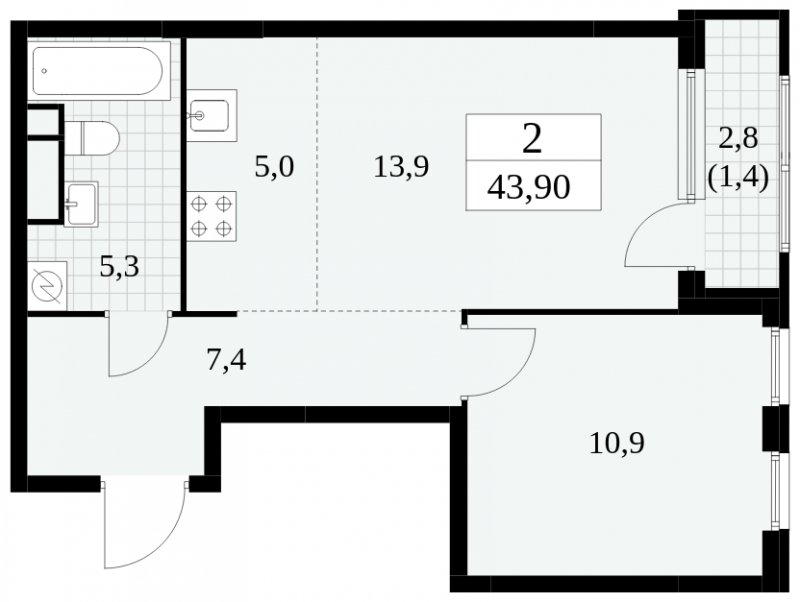 2-комнатная квартира (евро) без отделки, 43.9 м2, 13 этаж, сдача 2 квартал 2025 г., ЖК Южные сады, корпус 2.4 - объявление 1760330 - фото №1
