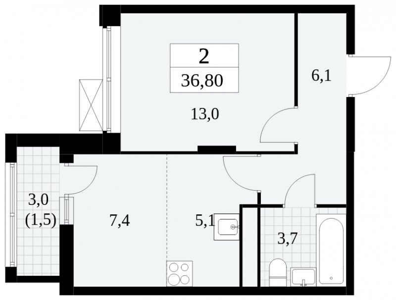 2-комнатная квартира (евро) без отделки, 36.8 м2, 13 этаж, сдача 3 квартал 2024 г., ЖК Прокшино, корпус 8.6 - объявление 2323296 - фото №1