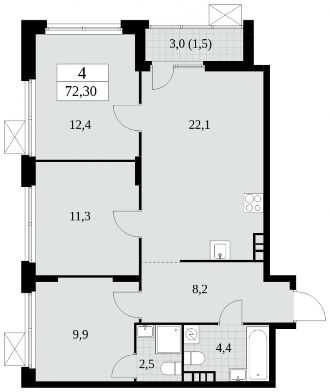 3-комнатная квартира без отделки, 72.3 м2, 4 этаж, сдача 4 квартал 2024 г., ЖК Скандинавия, корпус 2.27.2 - объявление 1840338 - фото №1
