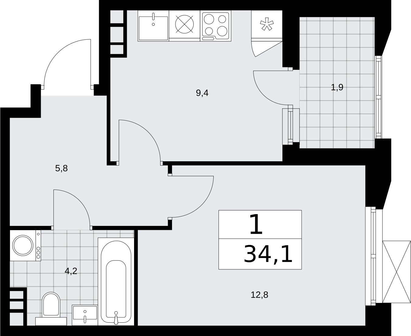 1-комнатная квартира без отделки, 34.1 м2, 12 этаж, сдача 2 квартал 2026 г., ЖК Бунинские кварталы, корпус 5.2 - объявление 2297398 - фото №1