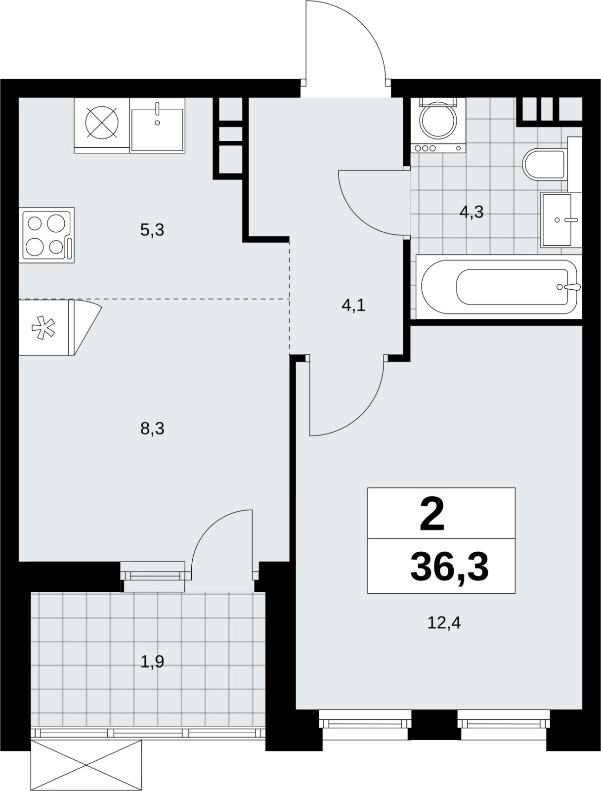 2-комнатная квартира (евро) без отделки, 36.3 м2, 7 этаж, сдача 4 квартал 2026 г., ЖК Скандинавия, корпус 2.18.1.3 - объявление 2350798 - фото №1