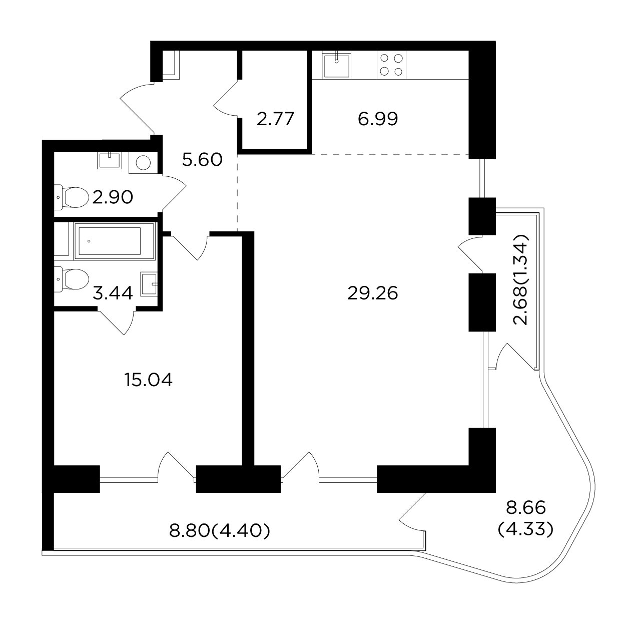 2-комнатная квартира без отделки, 76.07 м2, 16 этаж, дом сдан, ЖК FORIVER, корпус 4 - объявление 2371392 - фото №1