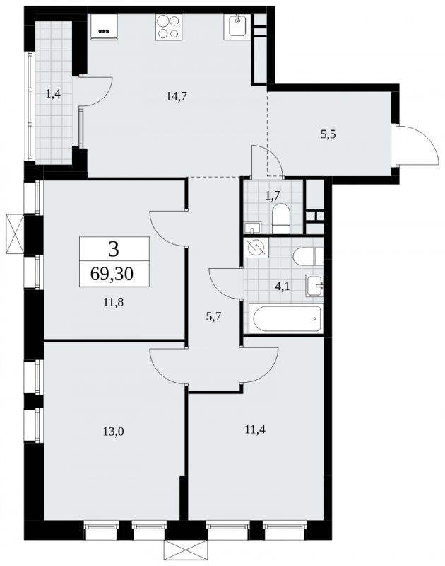 3-комнатная квартира с частичной отделкой, 69.3 м2, 17 этаж, сдача 3 квартал 2025 г., ЖК Дзен-кварталы, корпус 2.1 - объявление 1932306 - фото №1