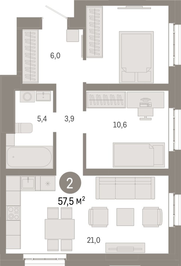 2-комнатная квартира 57.5 м2, 9 этаж, сдача 3 квартал 2026 г., ЖК Квартал Метроном, корпус 1 - объявление 2310882 - фото №1