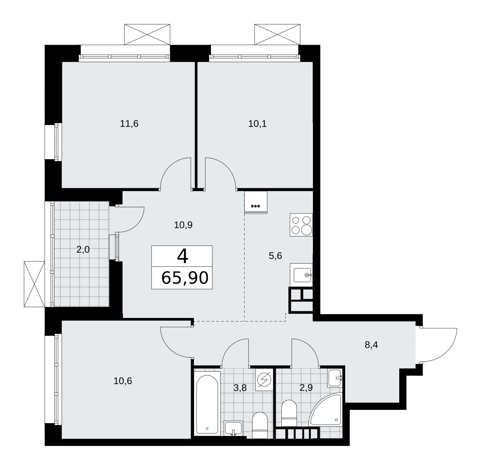4-комнатная квартира (евро) с частичной отделкой, 65.9 м2, 4 этаж, сдача 4 квартал 2025 г., ЖК Бунинские кварталы, корпус 3.5 - объявление 2152132 - фото №1