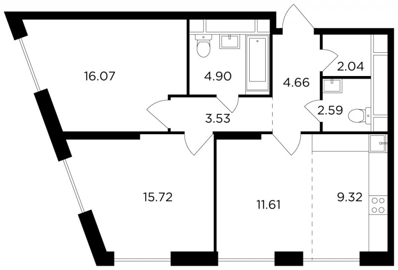 3-комнатная квартира без отделки, 70.44 м2, 30 этаж, сдача 2 квартал 2022 г., ЖК КутузовGRAD 2, корпус 6 - объявление 1529470 - фото №1