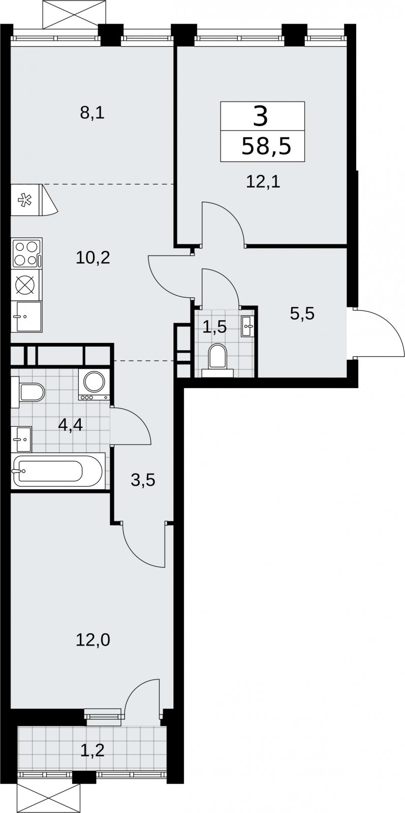 3-комнатная квартира (евро) с частичной отделкой, 58.5 м2, 13 этаж, сдача 2 квартал 2026 г., ЖК Бунинские кварталы, корпус 5.1 - объявление 2297157 - фото №1