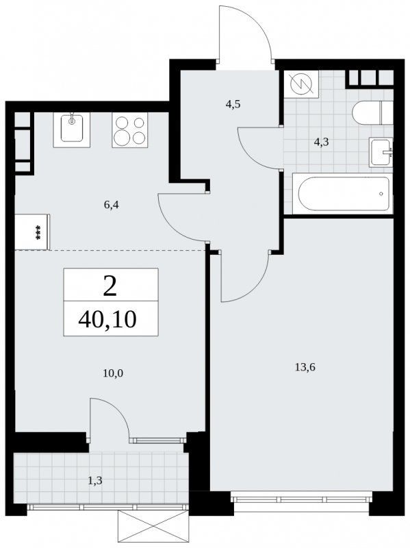 2-комнатная квартира (евро) без отделки, 40.1 м2, 8 этаж, сдача 4 квартал 2024 г., ЖК Бунинские кварталы, корпус 2.4 - объявление 1882659 - фото №1