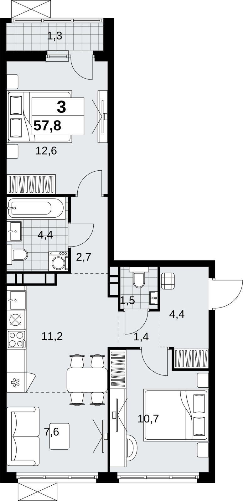 3-комнатная квартира (евро) с полной отделкой, 57.8 м2, 7 этаж, сдача 1 квартал 2027 г., ЖК Скандинавия, корпус 2.18.2.1 - объявление 2351131 - фото №1