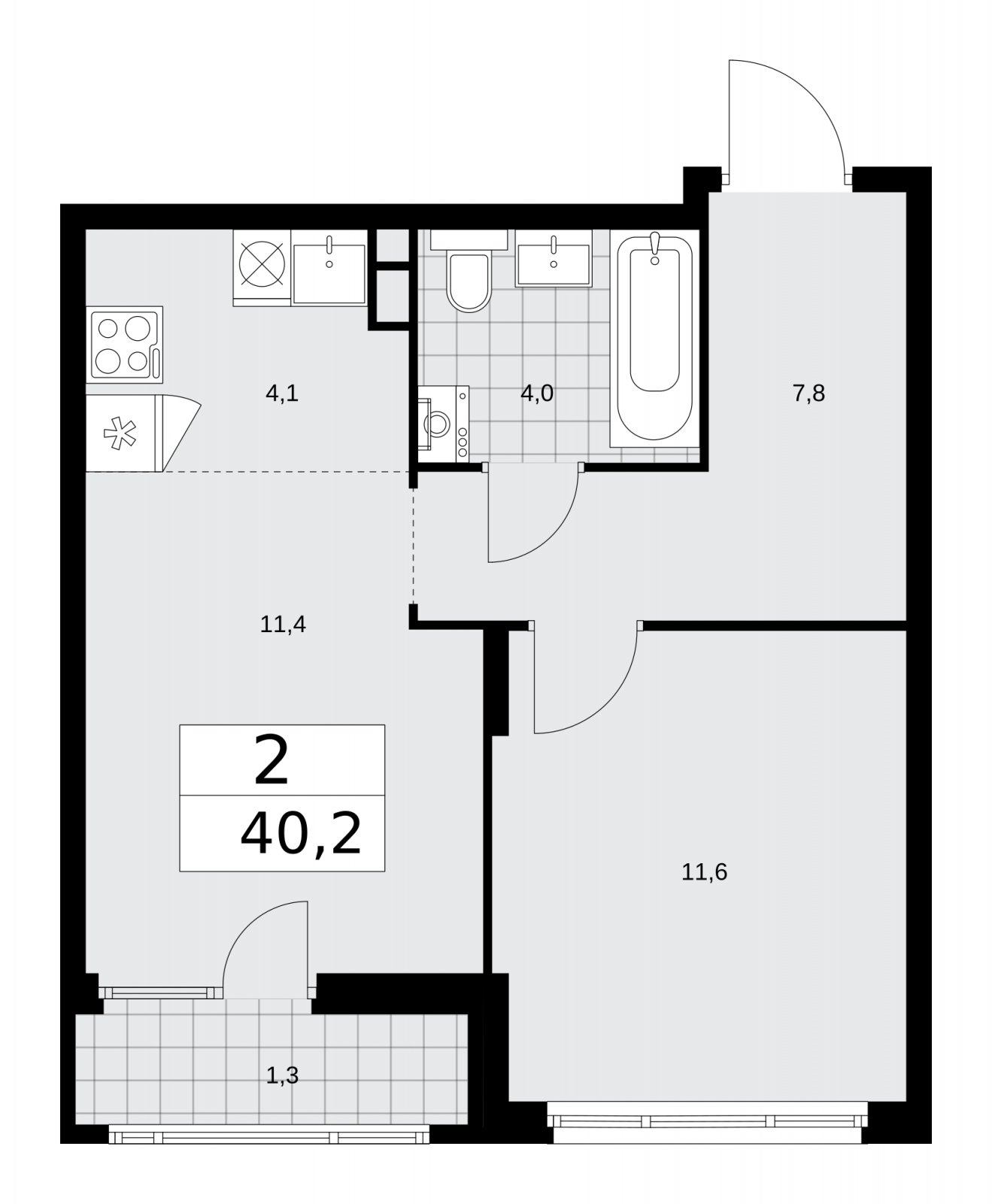2-комнатная квартира (евро) с частичной отделкой, 40.2 м2, 12 этаж, сдача 2 квартал 2026 г., ЖК Деснаречье, корпус 4.4 - объявление 2264312 - фото №1
