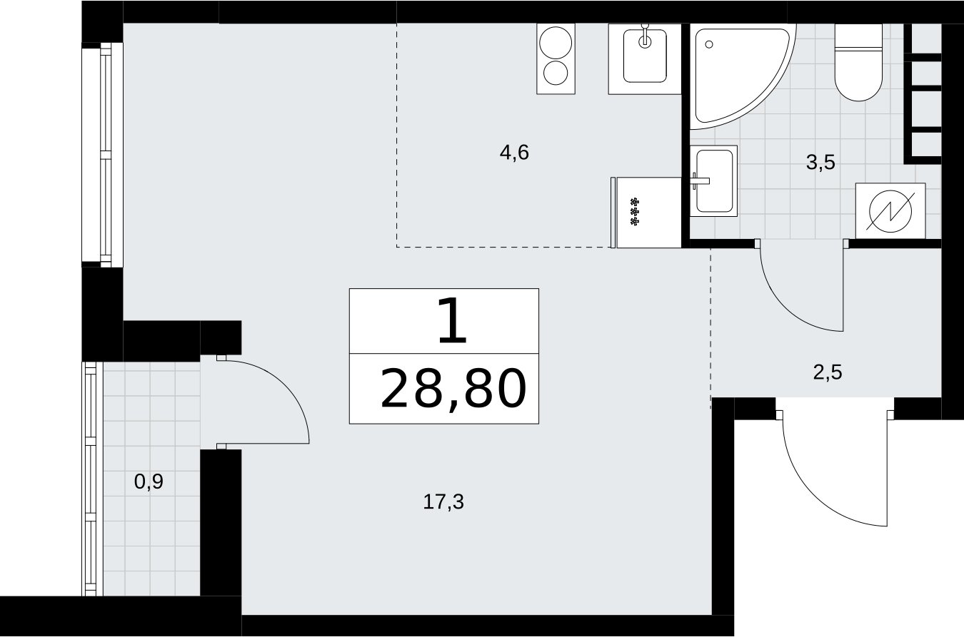 Студия с полной отделкой, 28.8 м2, 5 этаж, сдача 4 квартал 2026 г., ЖК Родные кварталы, корпус 3.3 - объявление 2378562 - фото №1
