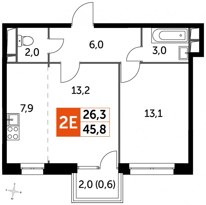 2-комнатная квартира (евро) без отделки, 45.8 м2, 14 этаж, сдача 4 квартал 2023 г., ЖК Датский квартал, корпус 2 - объявление 1818214 - фото №1