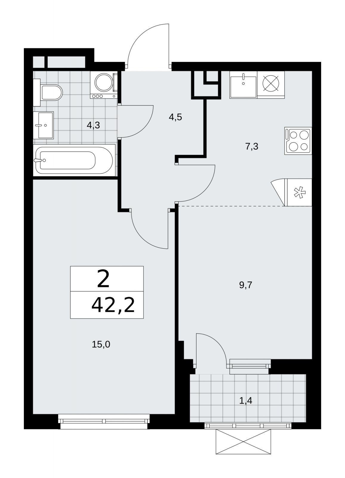 2-комнатная квартира (евро) без отделки, 42.2 м2, 5 этаж, сдача 1 квартал 2026 г., ЖК Прокшино, корпус 11.2.2 - объявление 2270072 - фото №1