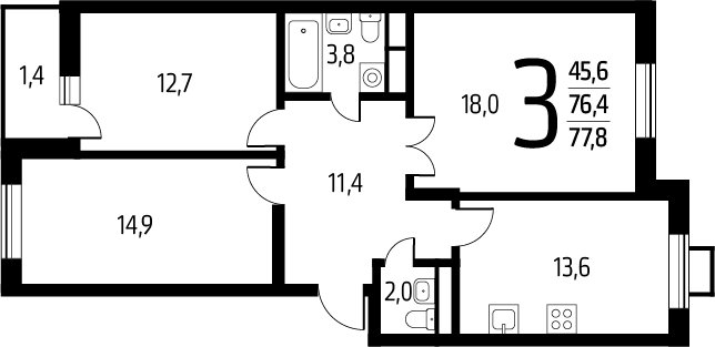 3-комнатная квартира с полной отделкой, 77.8 м2, 7 этаж, сдача 1 квартал 2025 г., ЖК Новые Ватутинки. Заречный, корпус 5/3 - объявление 2272132 - фото №1