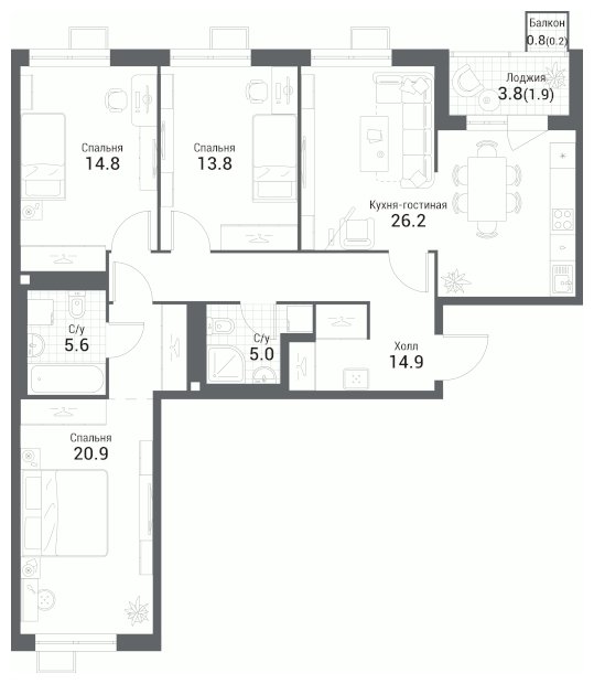 3-комнатная квартира без отделки, 103.3 м2, 4 этаж, сдача 1 квартал 2023 г., ЖК Nagatino i-Land, корпус Б - объявление 1761072 - фото №1