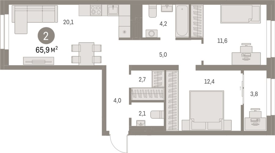 2-комнатная квартира с частичной отделкой, 65.85 м2, 7 этаж, сдача 1 квартал 2025 г., ЖК Первый квартал, корпус Дом 5 - объявление 2281559 - фото №1