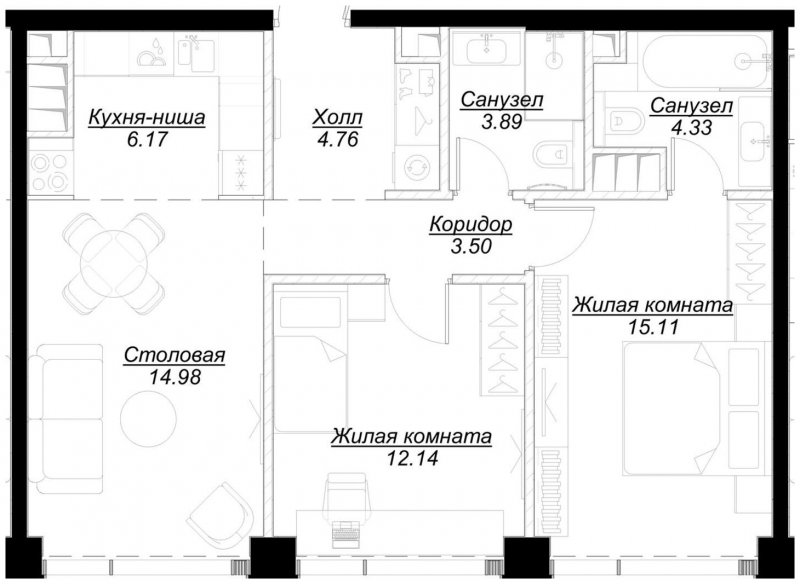 2-комнатная квартира с частичной отделкой, 64.81 м2, 42 этаж, сдача 4 квартал 2024 г., ЖК MOD, корпус Mod.M - объявление 1788379 - фото №1