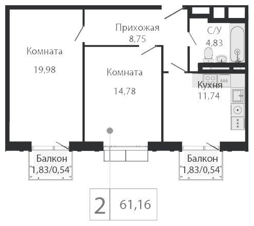 2-комнатная квартира без отделки, 61.16 м2, 3 этаж, сдача 2 квартал 2023 г., ЖК Dream Towers, корпус 3 - объявление 1800626 - фото №1