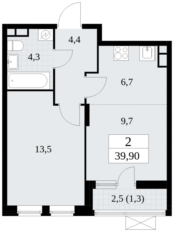 2-комнатная квартира (евро) без отделки, 39.9 м2, 3 этаж, сдача 1 квартал 2025 г., ЖК Прокшино, корпус 5.1.3 - объявление 1810500 - фото №1