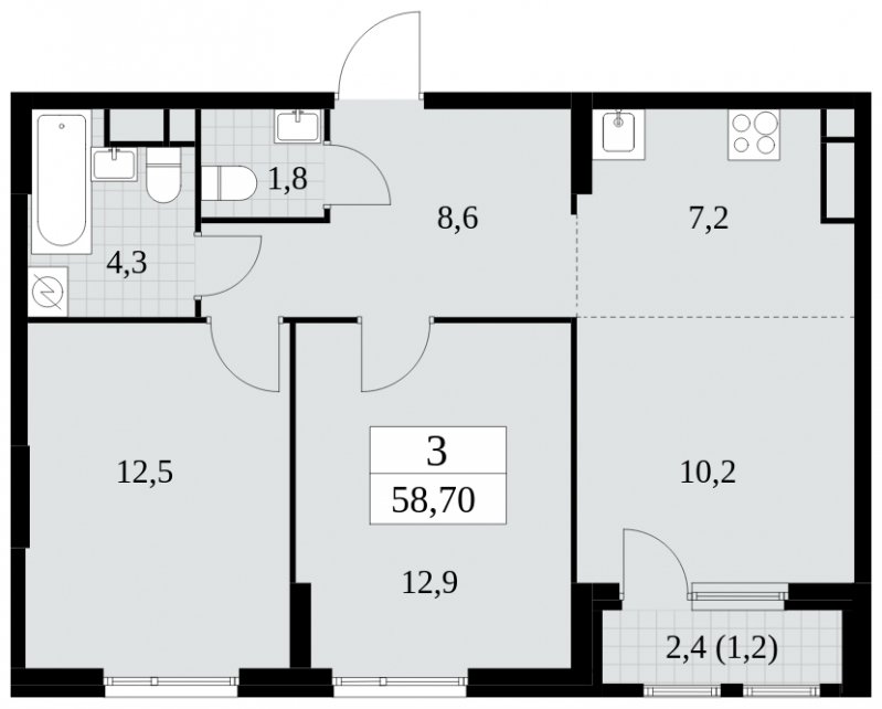 3-комнатная квартира (евро) с частичной отделкой, 58.7 м2, 7 этаж, сдача 2 квартал 2025 г., ЖК Южные сады, корпус 2.2 - объявление 1757500 - фото №1